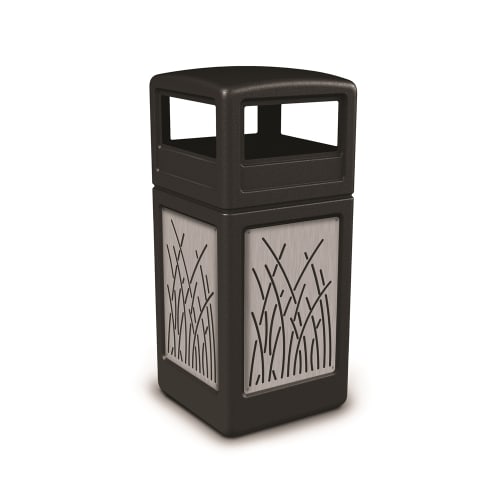 Commercial Zone® 42 Gallon Square Trash Container, Stainless Steel Panels, Reeds, Dome Lid, Black